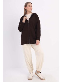 Kapüşonlu Fermuarlı Sweat Hırka Acı Kahve