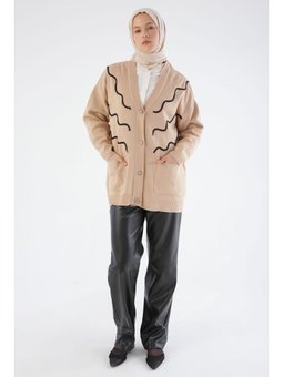 Püskül Nakışlı V Yaka Triko Hırka Bej