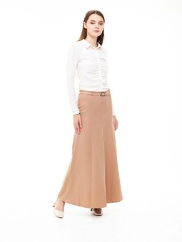 Camel Uzun Mevsimlik Kemer Detaylı Parçalı Kloş Etek