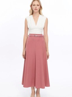 Gül Kurusu Uzun Mevsimlik Kemer Detaylı Parçalı Kloş Etek