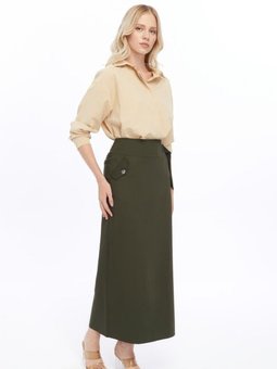 Haki Uzun Cep Detaylı Poli Viskon Kalem Etek