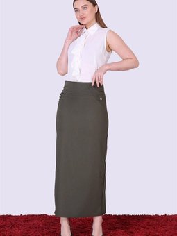 Haki Uzun Düğme Detaylı Kalem Etek