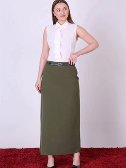 Haki Uzun Mevsimlik Kapalı Yırtmaç Detaylı Kemerli Etek