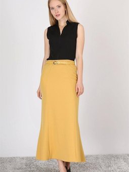 Hardal Uzun Pembe Kemer Detaylı Yüksek Bel Parçalı Etek