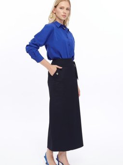 Lacivert Uzun Cep Detaylı Mevsimlik Poliviskon Kalem Etek