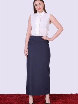 Lacivert Uzun Mevsimlik Düğme Detaylı Kalem Etek