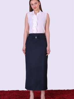 Lacivert Uzun Mevsimlik Fiyonk Detaylı Kalem Etek