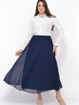 Lacivert Uzun Yüksek Bel Pliseli Şifon Etek