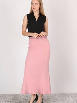 Pudra Uzun Kemer Detaylı Yüksek Bel Parçalı Etek