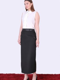 Siyah Uzun Kemerli Cep Ve Düğme Detaylı Poliviskon Etek