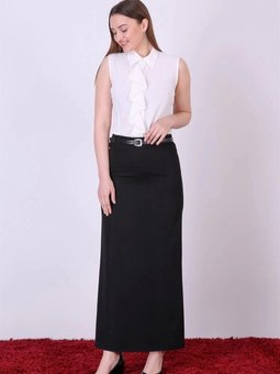 Siyah Uzun Mevsimlik Kapalı Yırtmaç Detaylı Kemerli Etek