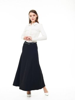 Siyah Uzun Mevsimlik Kemer Detaylı Parçalı Kloş Etek