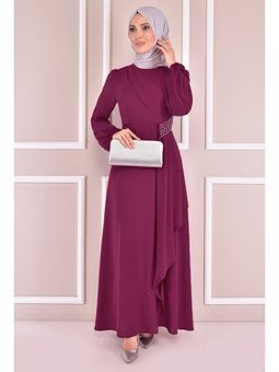 Giyim Moda Kemeri Taşlı Asimetrik Krep Tesettür Abiye Elbise Koyu Lila
