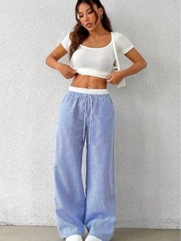 Mavi Beyaz Çizgili Yüksek Bel Rahat Kesim Pantolon