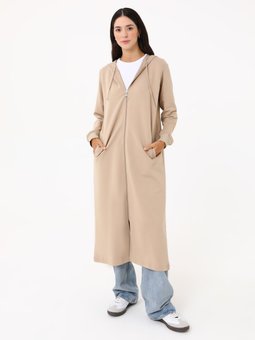 Fermuarlı Kapüşonlu Uzun Spor Taş Rengi Kap