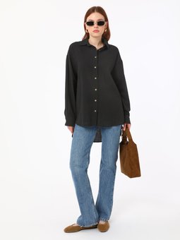 Keten Dokulu Pamuk Kumaşlı Rahat Kalıp Bluz / Siyah Gömlek