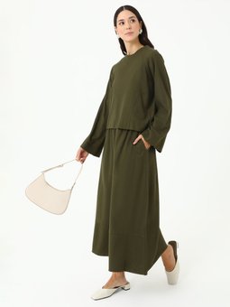 Keten Karışımlı Bluz & Etek İkili Haki Takım