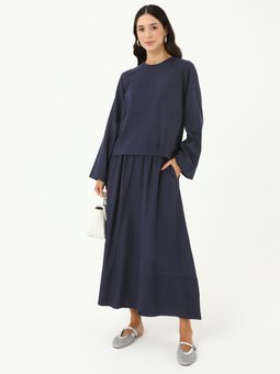 Keten Karışımlı Bluz & Etek İkili Lacivert Takım