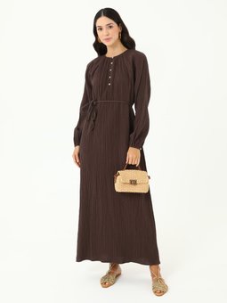 Müslin Kumaş Sedef Düğmeli Rahat Kalıp Kahverengi Elbise