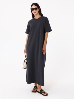 Pamuklu Kısa Kollu Antrasit Elbise