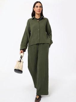 Pamuklu Müslin Kumaş Bağlama Detaylı Haki Pantolon