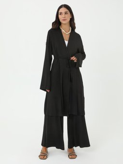 Viskon Kumaş Uzun Kimono & Pantolon Örme Siyah Takım