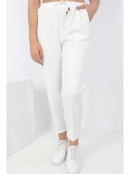 Zülal Beli Lastikli Cepli Beyaz Pantolon