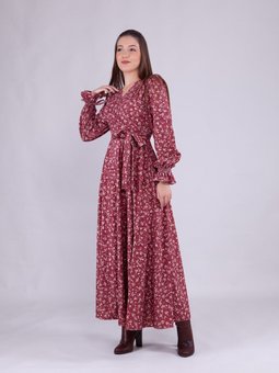 Açık Bordo Uzun Çiçek Desenli Kadife Kruvaze Yaka Kol Elbise
