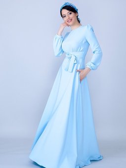 Bebe Mavi Uzun Yuvarlak Yaka Kol Dokuma Kumaş Beli Büzgülü Kuşaklı Abiye Elbise