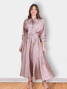 Bej Midi Çiçek Desenli Yarasa Kol Saten Abiye Elbise