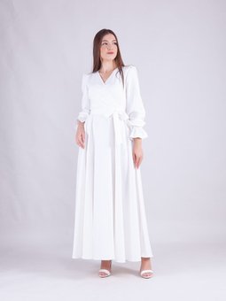 Beyaz Uzun Kruvaze Yaka Kol Abiye Elbise