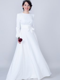 Beyaz Uzun Yuvarlak Yaka Kol Dokuma Kumaş Beli Büzgülü Kuşaklı Abiye Elbise