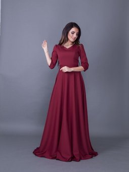 Bordo Uzun V Yaka Abiye Elbise
