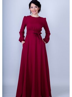 Bordo Uzun Yuvarlak Yaka Kol Dokuma Kumaş Beli Büzgülü Kuşaklı Cepli Maksi & Abiye Elbise