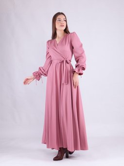 Gül Kurusu Uzun Kruvaze Yaka Kol Elbise