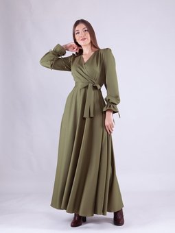 Haki Uzun Kruvaze Yaka Kol Elbise