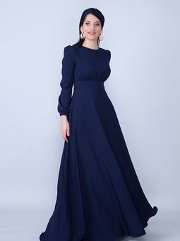 Lacivert Uzun Yuvarlak Yaka Kol Dokuma Kumaş Beli Büzgülü Kuşaklı Abiye Elbise