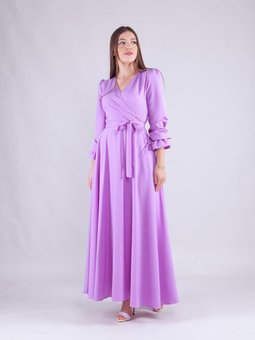 Lila Kruvaze Yaka Uzun Kol Elbise