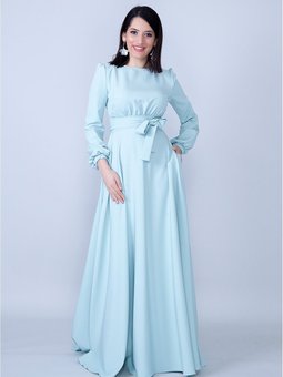 Mint Yeşili Uzun Yuvarlak Yaka Kol Dokuma Kumaş Beli Büzgülü Kuşaklı Abiye Elbise