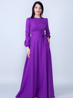 Mor Uzun Yuvarlak Yaka Kol Dokuma Kumaş Beli Büzgülü Kuşaklı Abiye Elbise