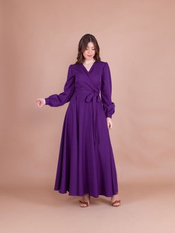 Mürdüm Kruvaze Yaka Kemerli Abiye Elbise