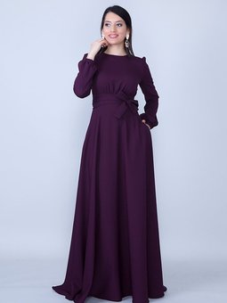 Mürdüm Uzun Yuvarlak Yaka Kol Dokuma Kumaş Beli Büzgülü Kuşaklı Cepli Maksi & Abiye Elbise