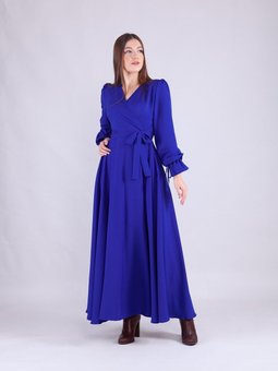 Sax Mavi Kruvaze Yaka Uzun Kol Elbise