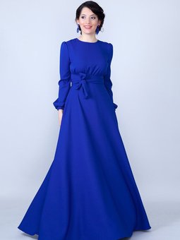 Sax Mavi Uzun Yuvarlak Yaka Kol Dokuma Kumaş Beli Büzgülü Kuşaklı Cepli Abiye Elbise