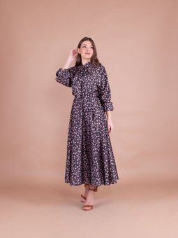 Siyah Uzun Çiçek Desenli Saten Yarasa Kol Abiye Elbise