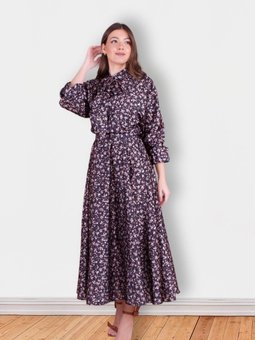 Siyah Uzun Çiçek Desenli Yarasa Kol Saten Abiye Elbise