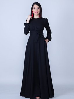 Siyah Uzun Yuvarlak Yaka Kol Dokuma Kumaş Beli Büzgülü Kuşaklı Abiye Elbise