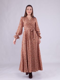 Taba Çiçek Desenli Kadife Kruvaze Yaka Uzun Kol Elbise