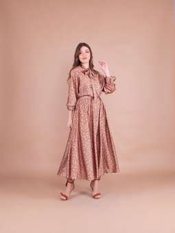 Taba Çiçek Desenli Saten Yarasa Kol Abiye Elbise