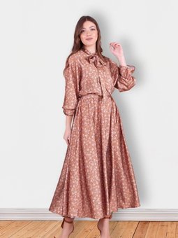 Taba Uzun Çiçek Desenli Yarasa Kol Saten Abiye Elbise